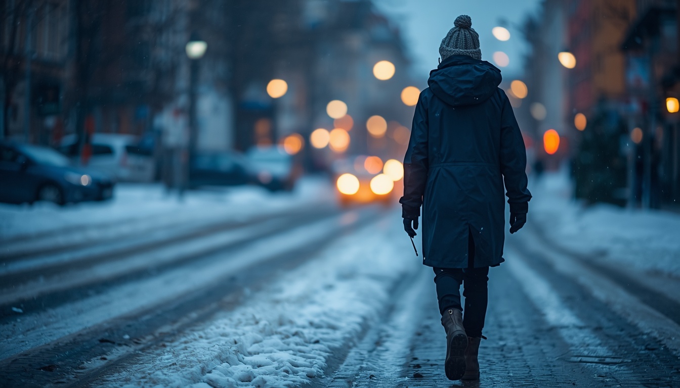 A person in a waterproof parka, knit hat and winter boots walking through snow in Stockholm