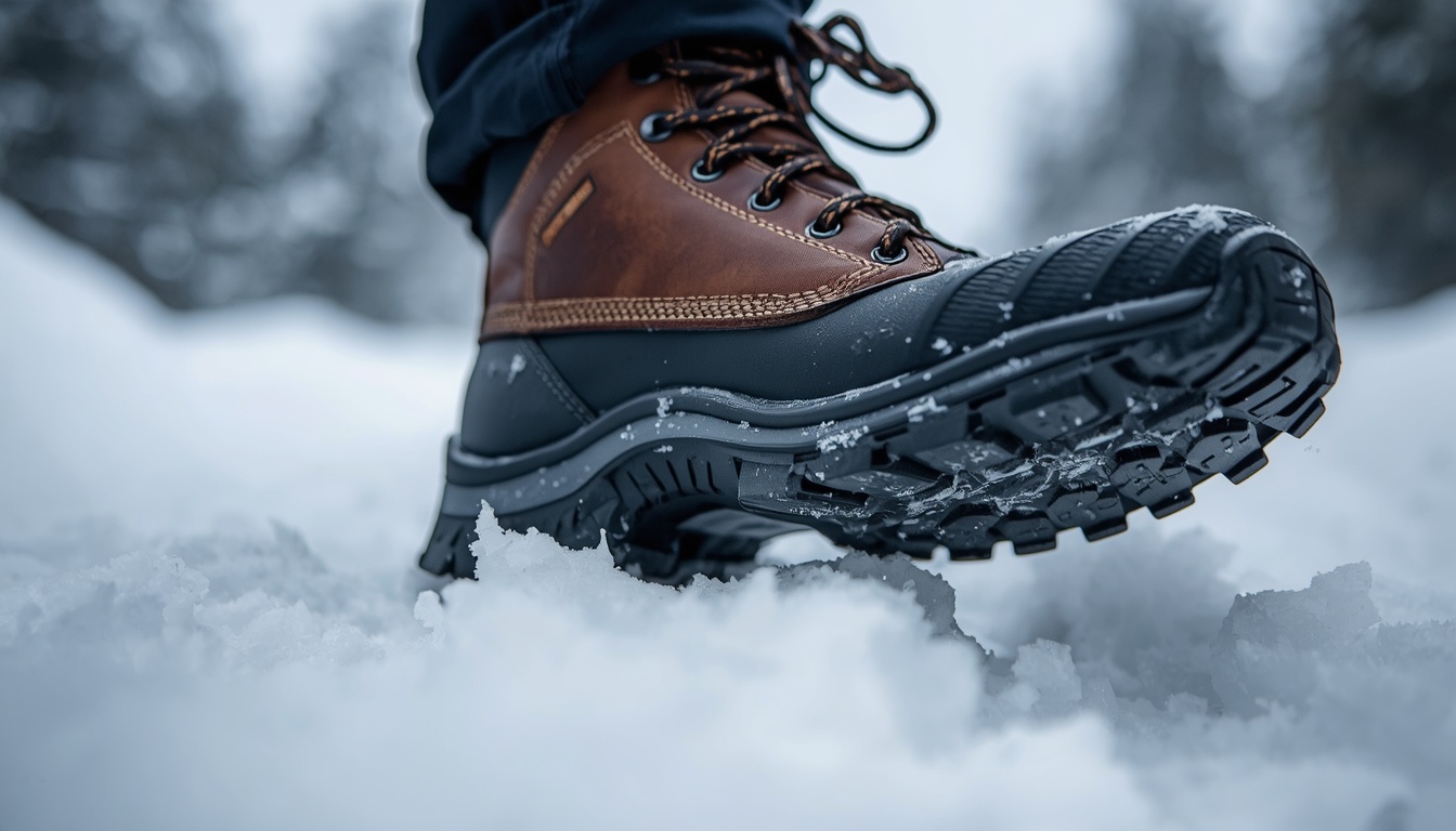 Close-up of a winter boot with a deep rubber lug sole on packed snow